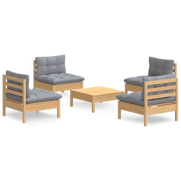 vidaXL 5 Piece Garden Lounge Set with Grey Cushions Pinewood