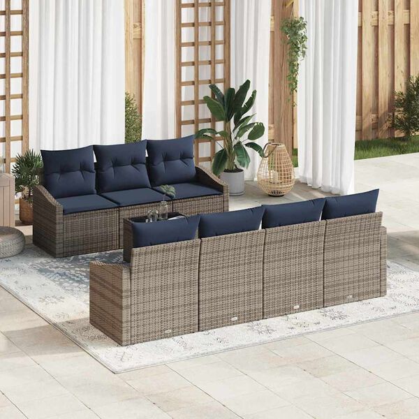 vidaXL Sofa Set with Cushion 8 pcs Grey and Navy Poly Rattan