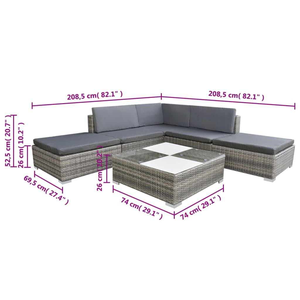 vidaXL 6 Piece Garden Lounge Set with Cushions Poly Rattan Grey