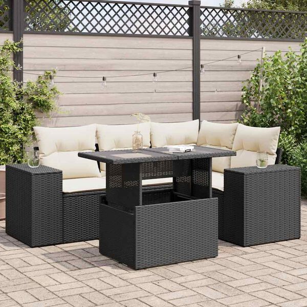 vidaXL 5 Piece Garden Sofa Set with Cushions Black Poly Rattan