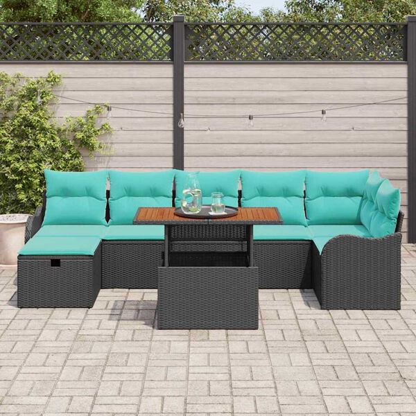 vidaXL Garden Sofa Set Height-Adjustable 8 pcs Black Poly Rattan