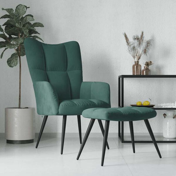 vidaXL Relaxing Chair with a Stool Dark Green Velvet