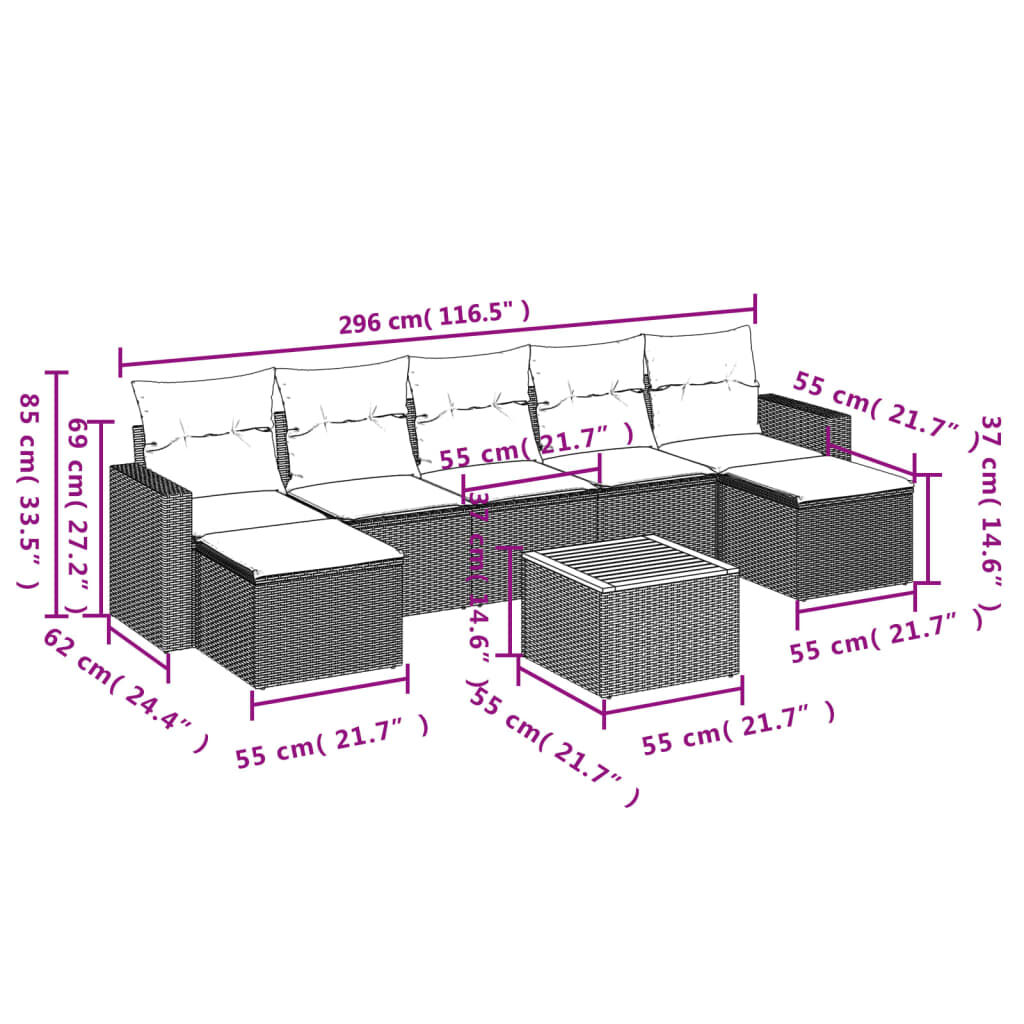 vidaXL 8 Piece Garden Sofa Set with Cushions Grey Poly Rattan