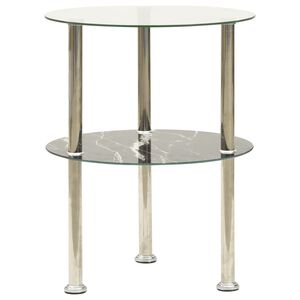 vidaXL 2-Tier Side Table Transparent & Black Marble 38 cm Tempered Glass