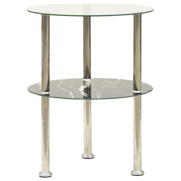 vidaXL 2-Tier Side Table Transparent & Black Marble 38 cm Tempered Glass