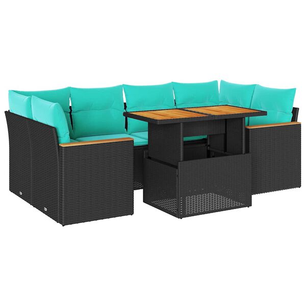 vidaXL 7 Piece Garden Sofa Set with Cushions Black Poly Rattan
