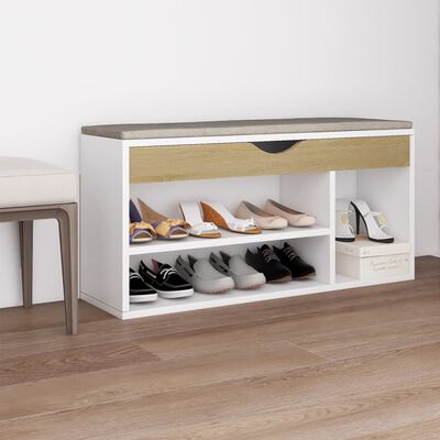 vidaXL Shoe Bench with Cushion White and Sonoma Oak 104x30x49 cm Engineered Wood