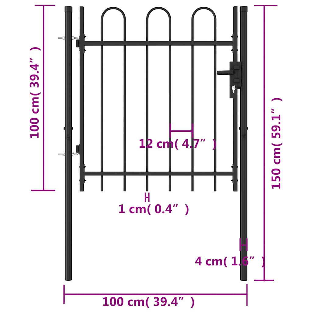 vidaXL Fence Gate Single Door with Arched Top Steel 1x1 m Black