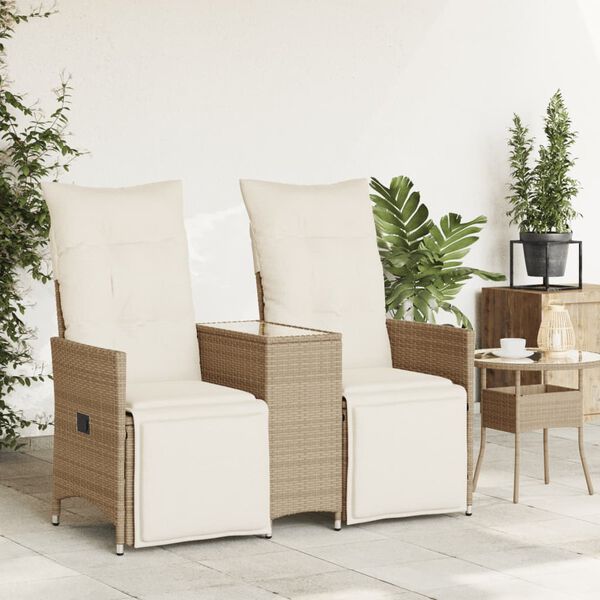 vidaXL Reclining Garden Sofa 2-Seater with Table Beige Poly Rattan