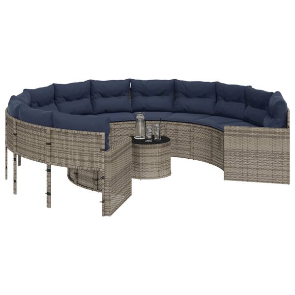 vidaXL Garden Sofa with Table and Cushions Round Grey Poly Rattan