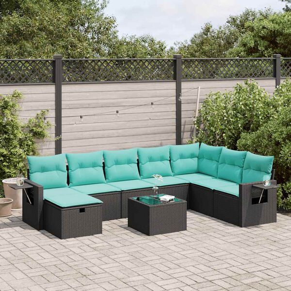 vidaXL 9 Piece Garden Sofa Set with Cushions Black Poly Rattan