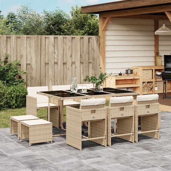 vidaXL 11 Piece Garden Dining Set with Cushions Beige Poly Rattan