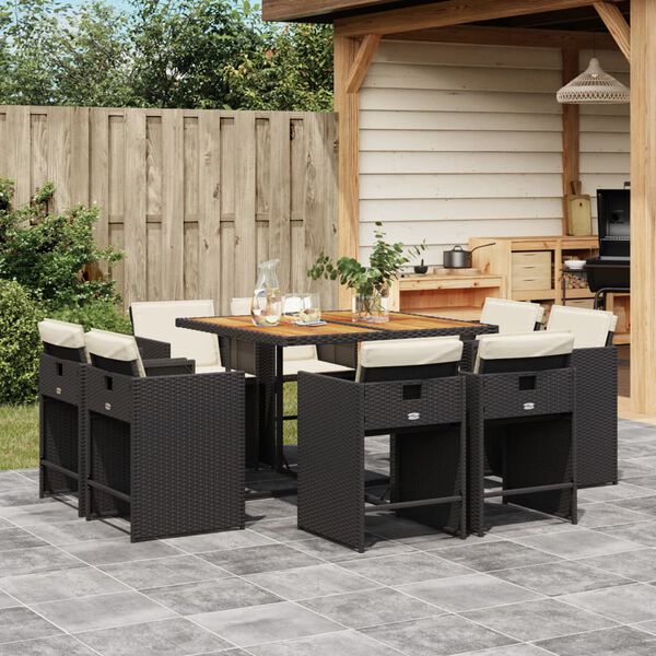 vidaXL 9 Piece Garden Dining Set with Cushions Black Poly Rattan