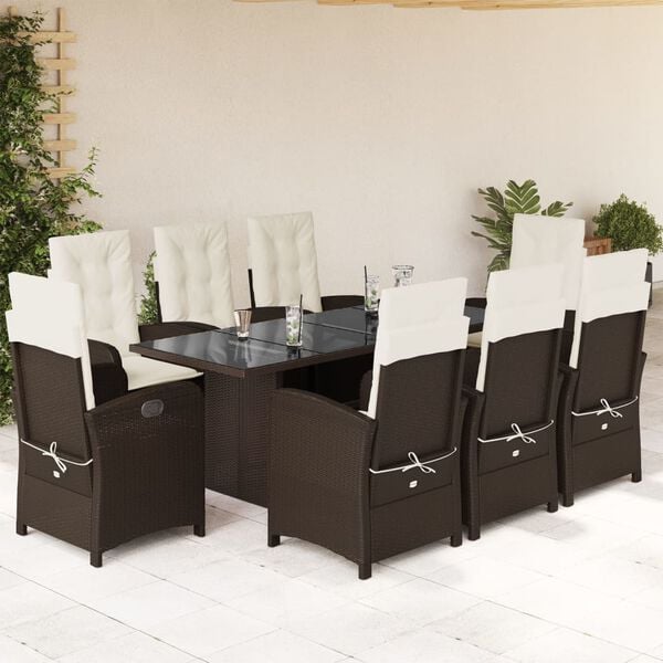 vidaXL 9 Piece Garden Dining Set with Cushions Brown Poly Rattan