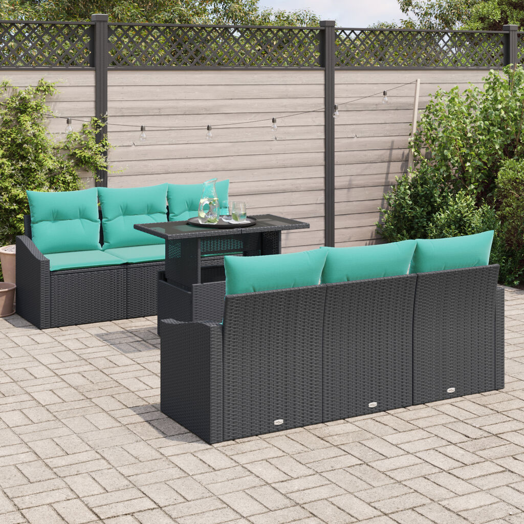 vidaXL 7 Piece Garden Sofa Set with Cushions Black Poly Rattan