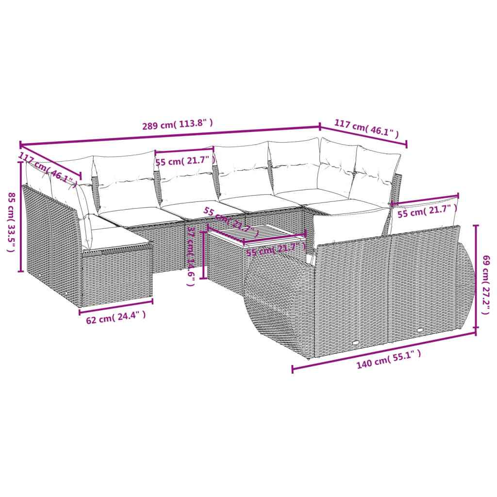 vidaXL 10 Piece Garden Sofa Set with Cushions Grey Poly Rattan