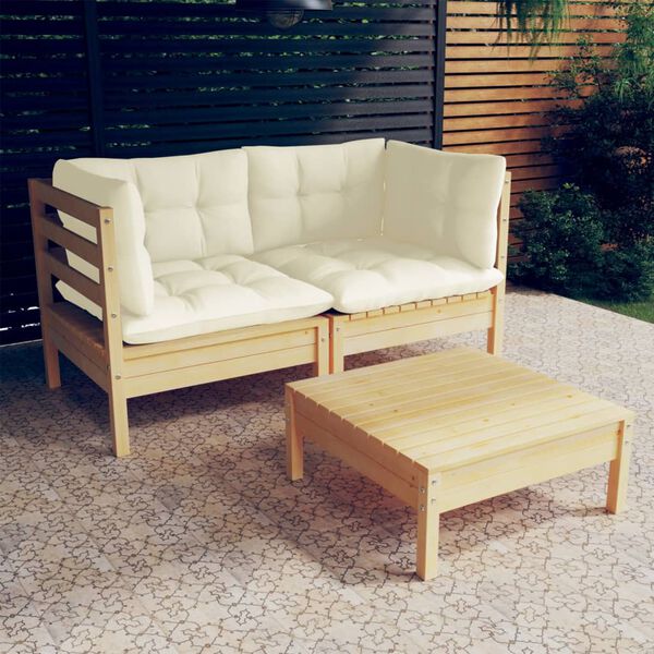 vidaXL 3 Piece Garden Lounge Set with Cream Cushions Pinewood