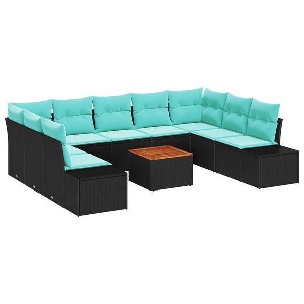 vidaXL 10 Piece Garden Sofa Set with Cushions Black Poly Rattan Acacia