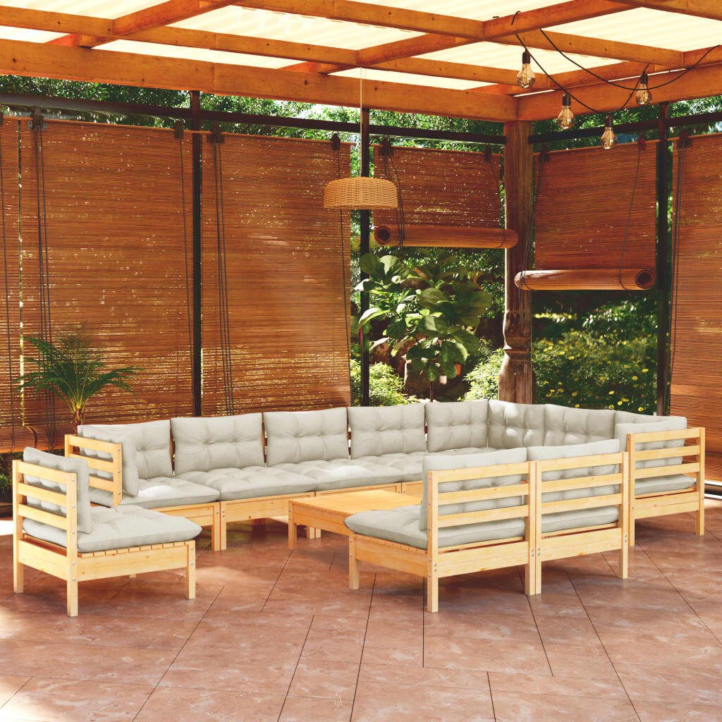 vidaXL 11 Piece Garden Lounge Set with Cream Cushions Solid Pinewood