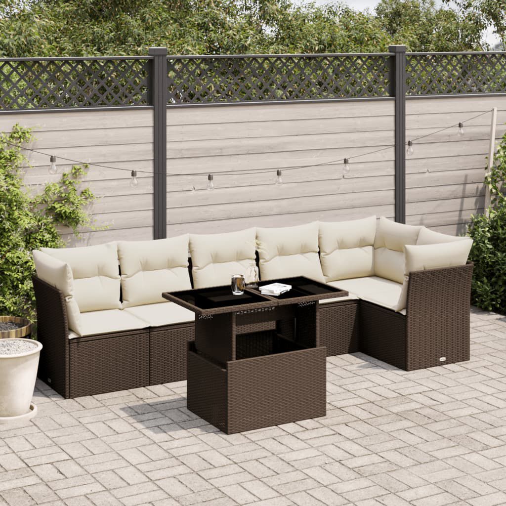 vidaXL 7 Piece Garden Sofa Set with Cushions Brown Poly Rattan