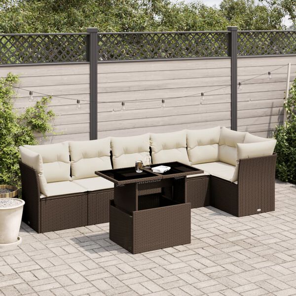 vidaXL 7 Piece Garden Sofa Set with Cushions Brown Poly Rattan
