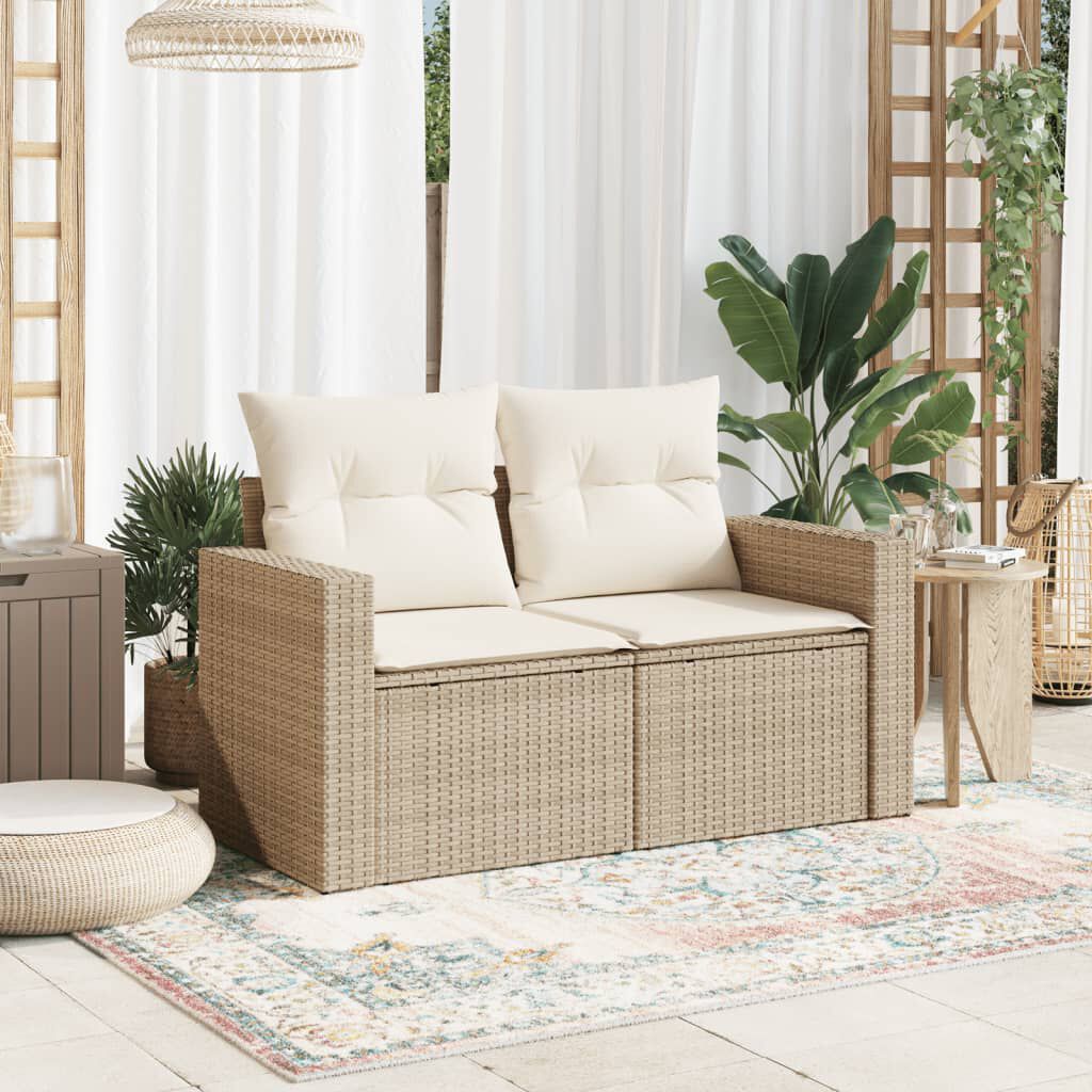vidaXL Garden Sofa with Cushions 2-Seater Beige Poly Rattan