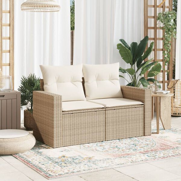 vidaXL Garden Sofa with Cushions 2-Seater Beige Poly Rattan