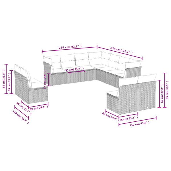 vidaXL 11 Piece Garden Sofa Set with Cushions Grey Poly Rattan