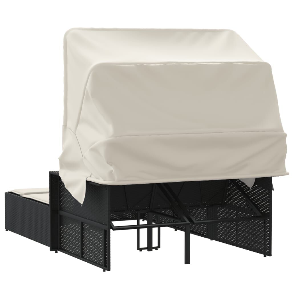vidaXL Double Sun Lounger with Canopy and Cushions Black Poly Rattan