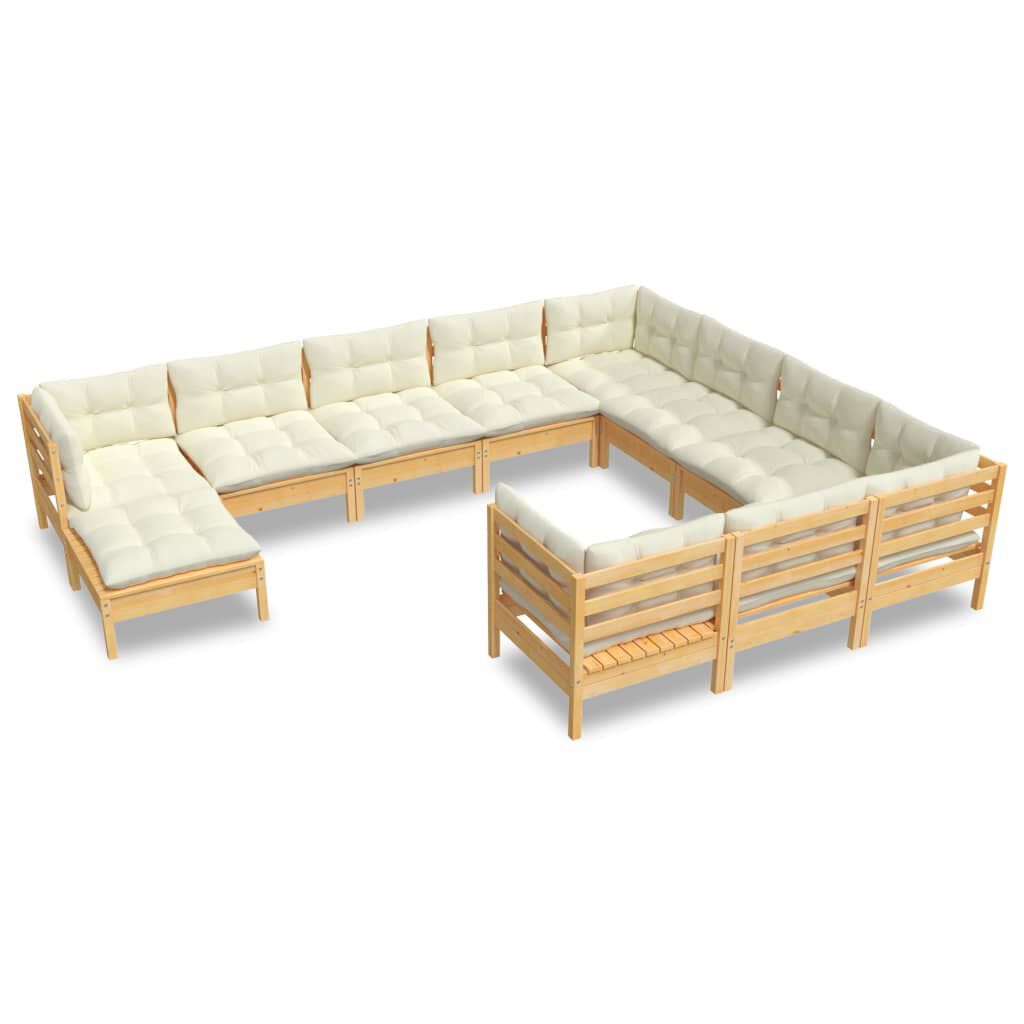 vidaXL 11 Piece Garden Lounge Set with Cream Cushions Pinewood
