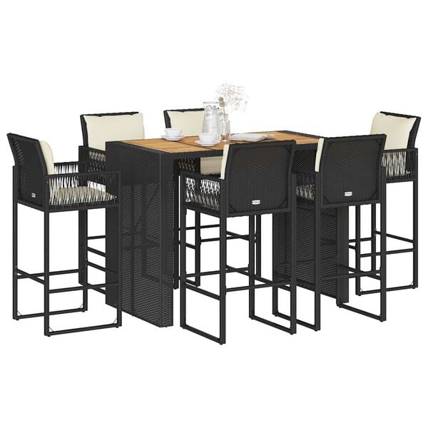 vidaXL 7 Piece Garden Bar Set with Cushions Black Poly Rattan Acacia