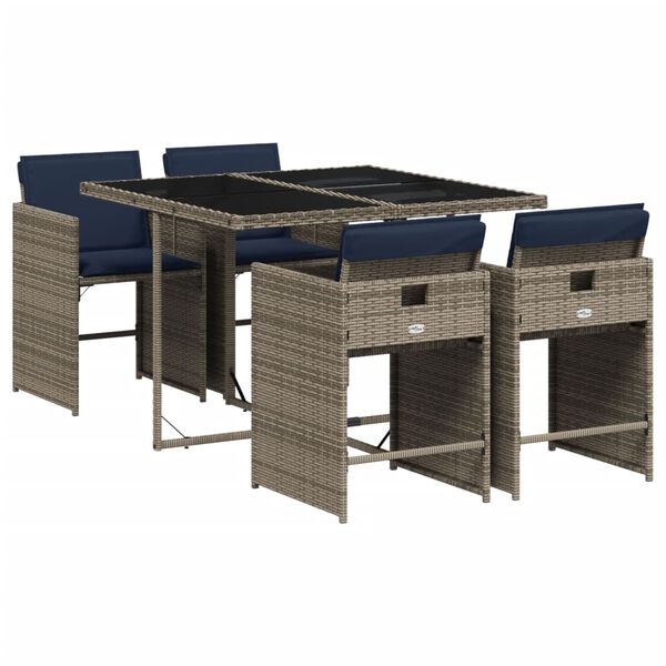 vidaXL 5 Piece Garden Dining Set with Cushions Grey Poly Rattan
