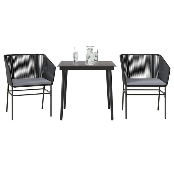 vidaXL 3 Piece Garden Dining Set with Cushions Black Poly Rattan Glass