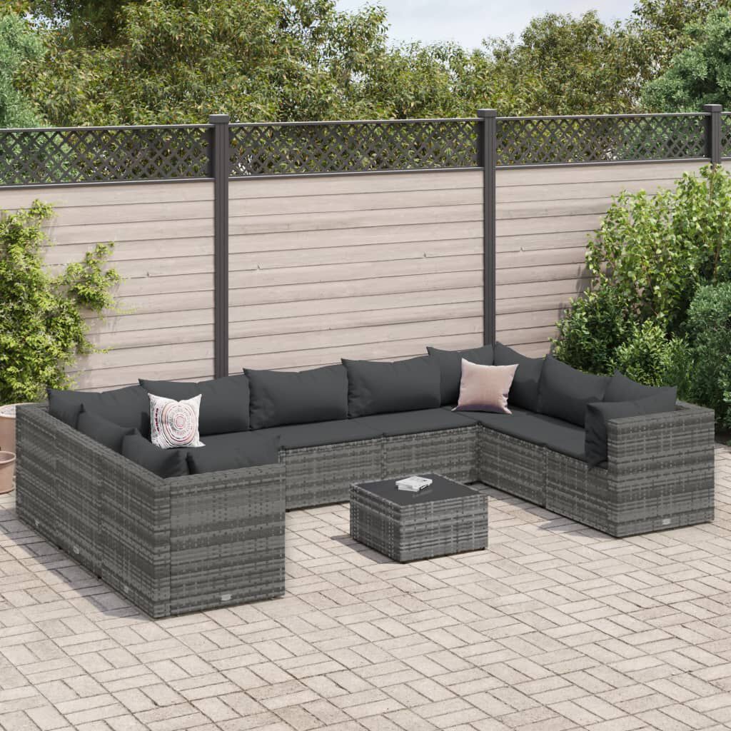 vidaXL 10 Piece Garden Lounge Set with Cushions Grey Poly Rattan