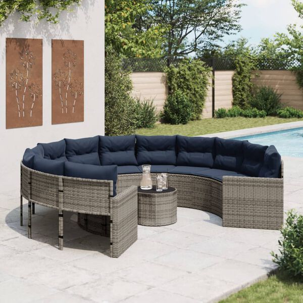 vidaXL Garden Sofa with Table and Cushions Round Grey Poly Rattan