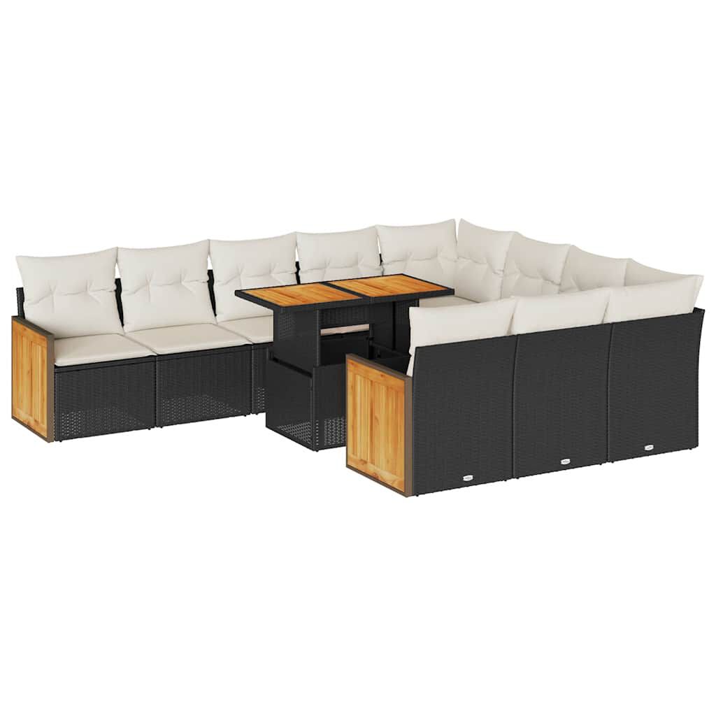 vidaXL 11 Piece Garden Sofa Set with Cushions Black Poly Rattan Acacia