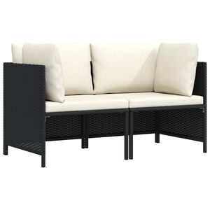 vidaXL 2-Seater Garden Sofa with Cushions Black Poly Rattan