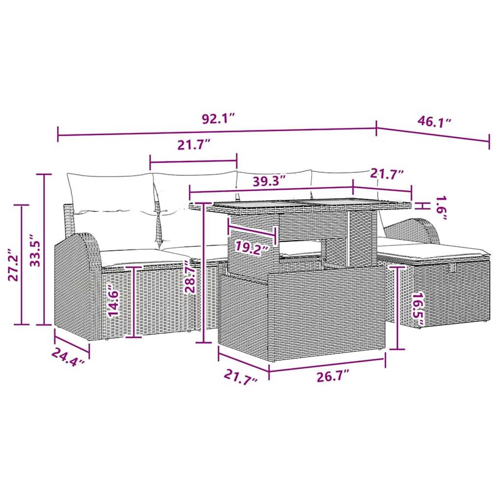 vidaXL Garden Sofa Set Height-Adjustable 6 pcs Black Poly Rattan