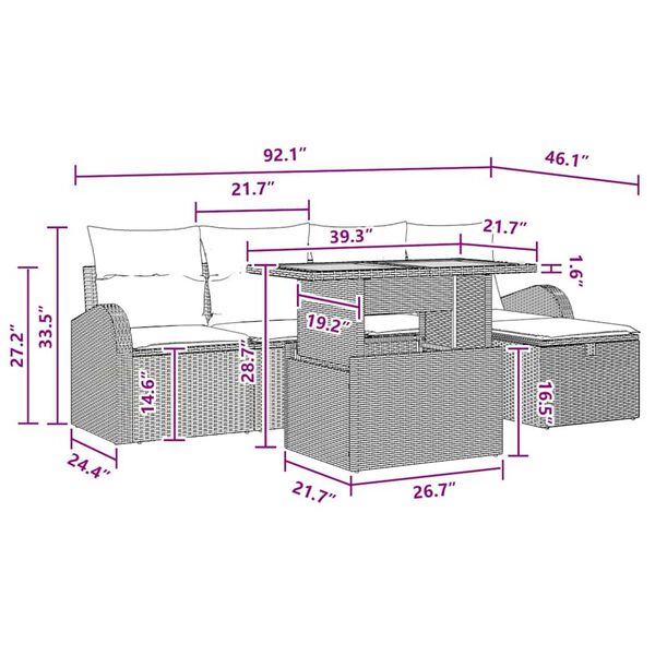 vidaXL Garden Sofa Set Height-Adjustable 6 pcs Black Poly Rattan
