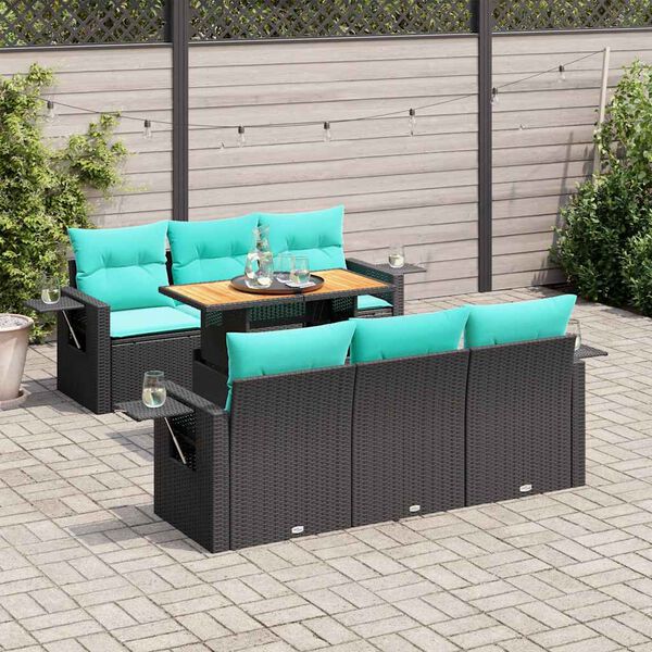 vidaXL 7 Piece Garden Sofa Set with Cushions Black Poly Rattan