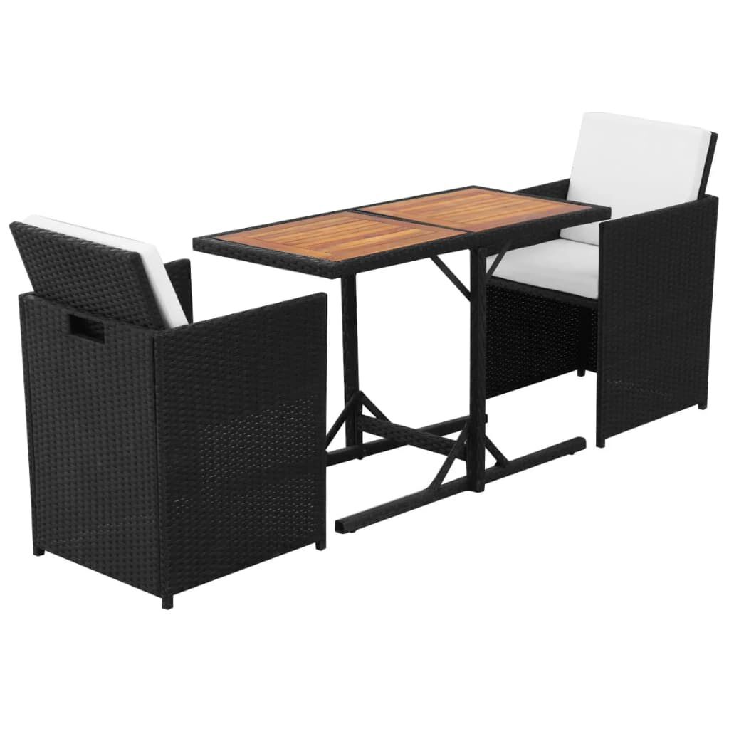 vidaXL 3 Piece Bistro Set with Cushions Poly Rattan Black