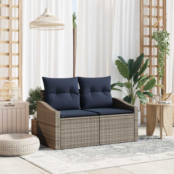 vidaXL 2-Seater Garden Sofa with Cushions Grey Poly Rattan