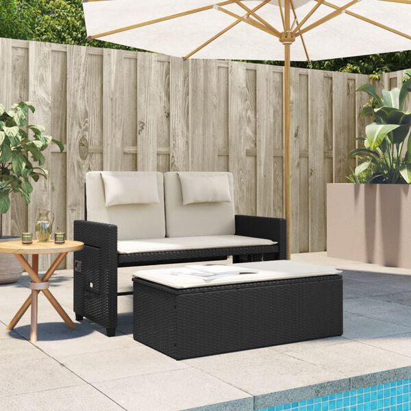 vidaXL Reclining Garden Bench with Cushions Black Poly Rattan