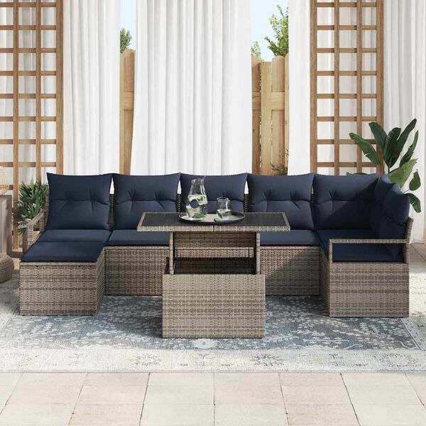 vidaXL Garden Sofa Set 8 pcs Grey and Navy Blue Poly Rattan