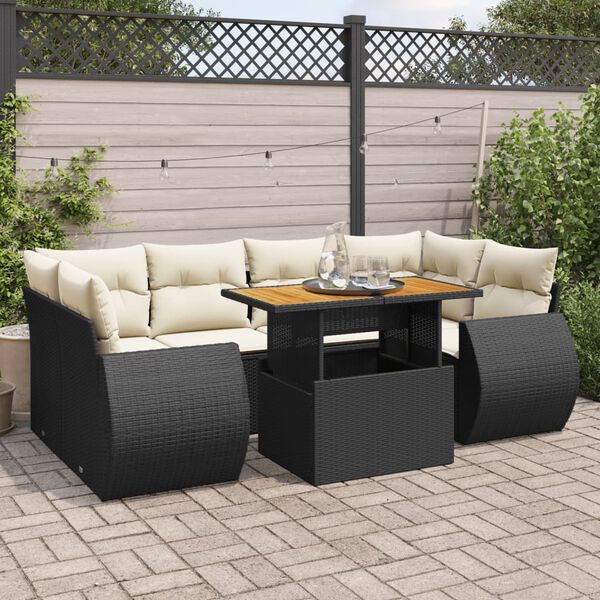 vidaXL 7 Piece Garden Sofa Set with Cushions Black Poly Rattan