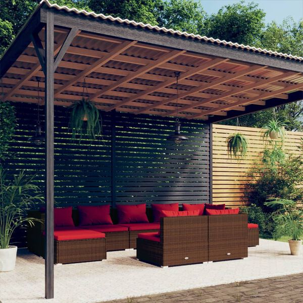 vidaXL 9 Piece Garden Lounge Set with Cushions Brown Poly Rattan
