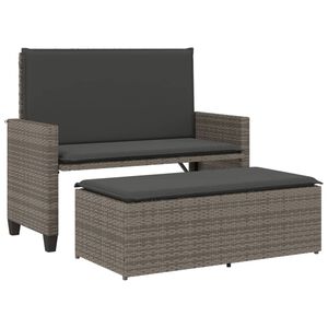 vidaXL Garden Bench with Cushions and Footstool Grey Poly Rattan