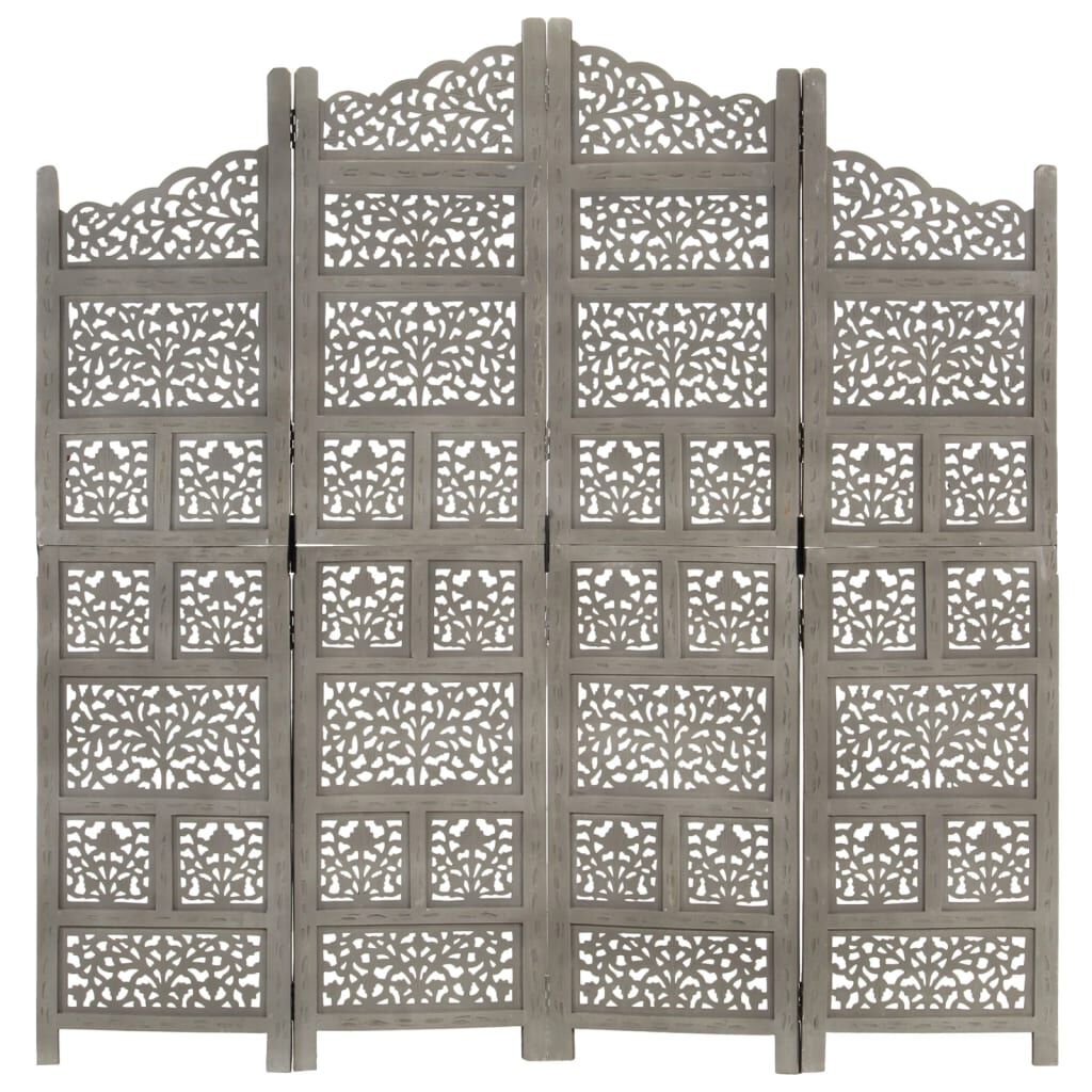 vidaXL Hand carved 4-Panel Room Divider Grey 160x165 cm Solid Mango Wood