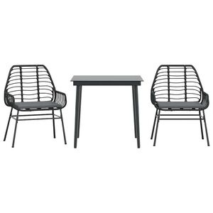 vidaXL 3 Piece Garden Dining Set with Cushions Black Poly Rattan Glass