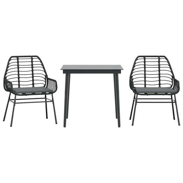 vidaXL 3 Piece Garden Dining Set with Cushions Black Poly Rattan Glass